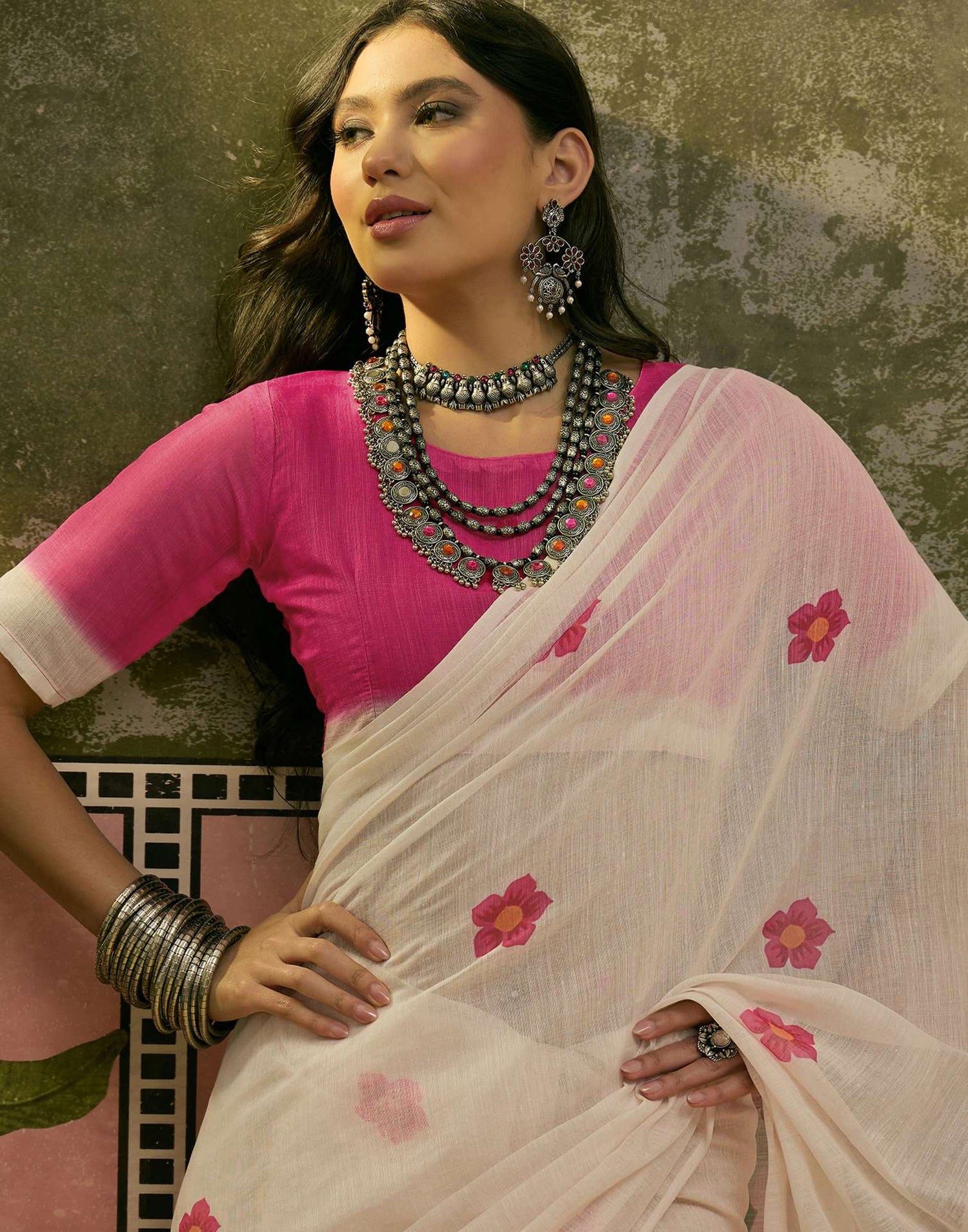 Beige Linen Printed Saree