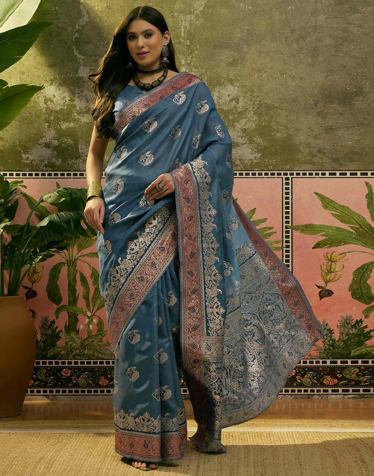 Teal Blue Silk Woven Saree