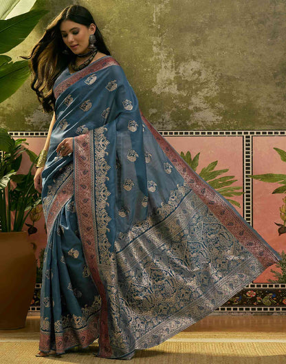 Teal Blue Silk Woven Saree