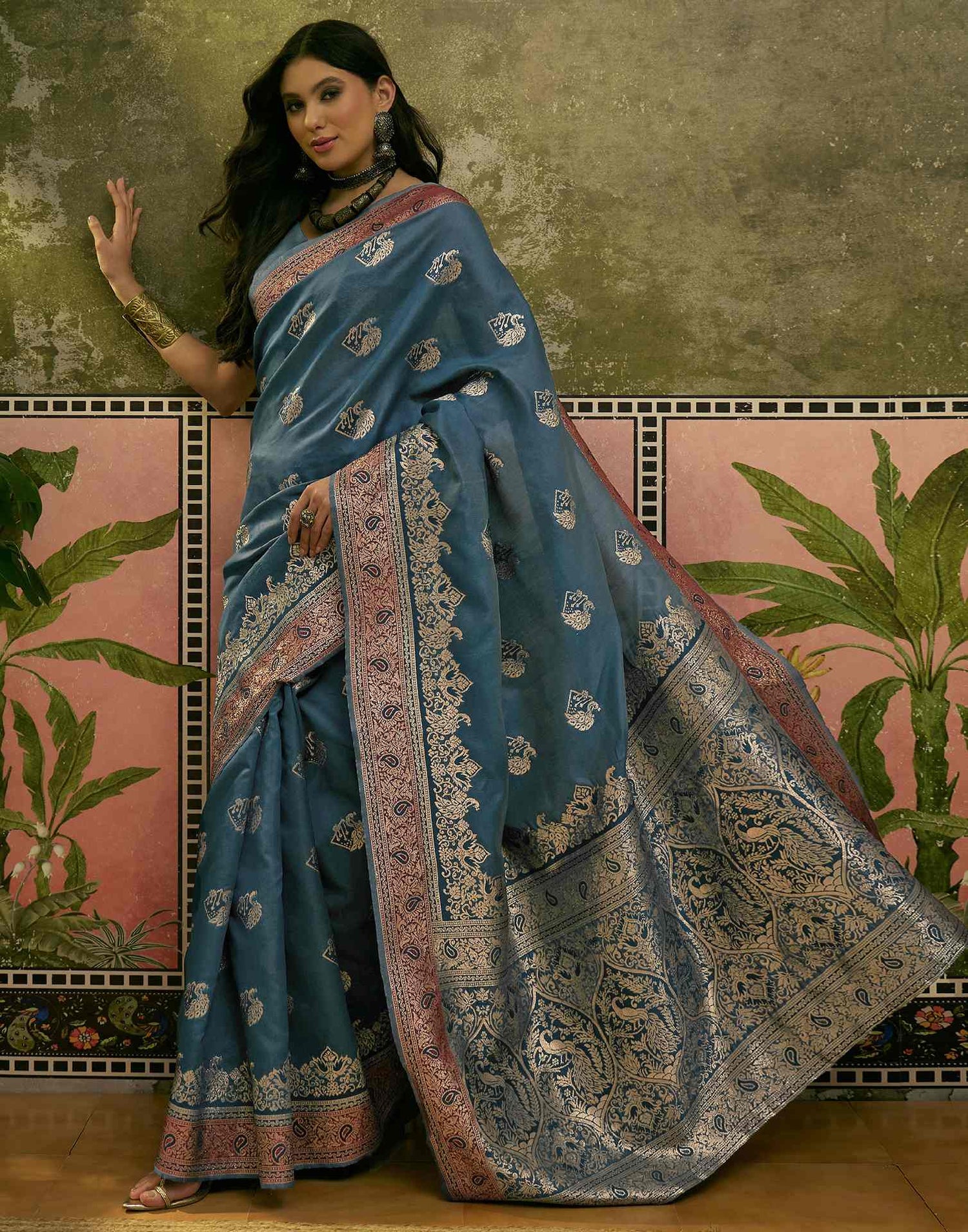Teal Blue Silk Woven Saree