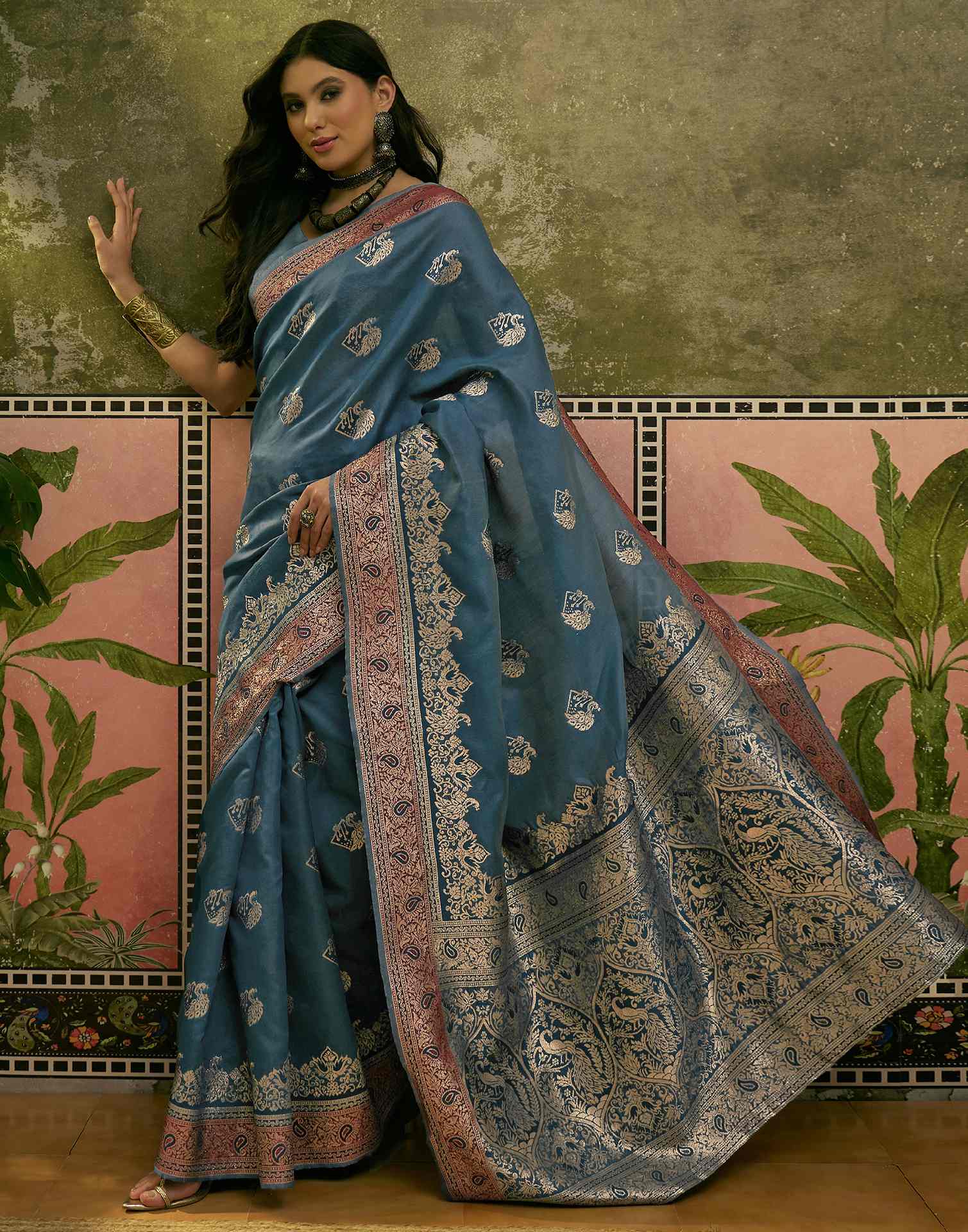 Teal Blue Silk Woven Saree