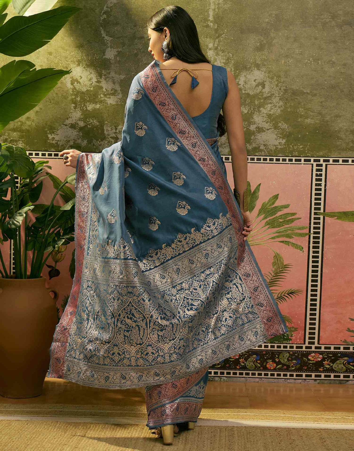 Teal Blue Silk Woven Saree