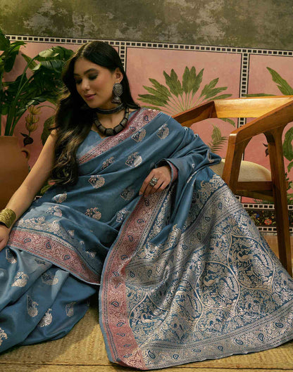 Teal Blue Silk Woven Saree