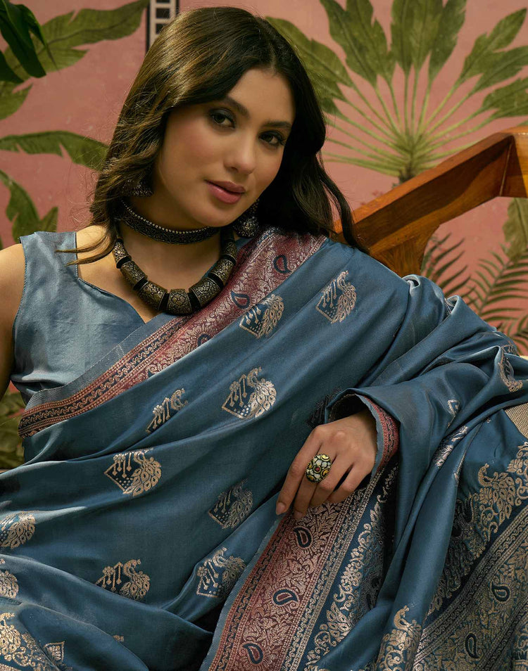 Teal Blue Silk Woven Saree