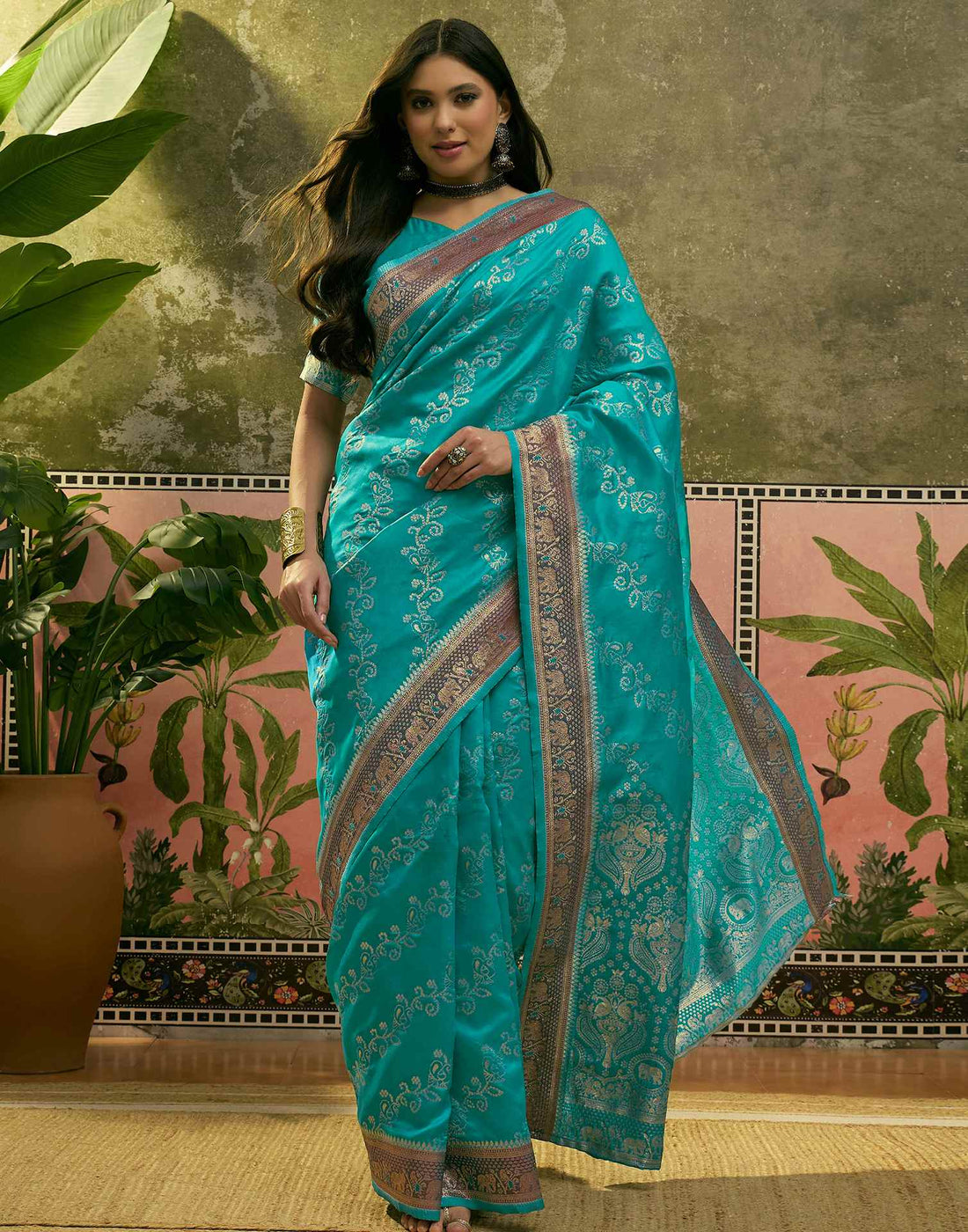 Teal Green Silk Woven Saree