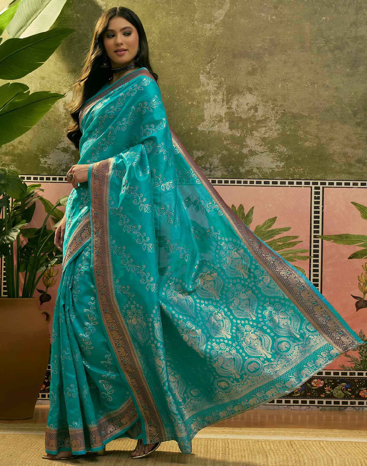 Teal Green Silk Woven Saree