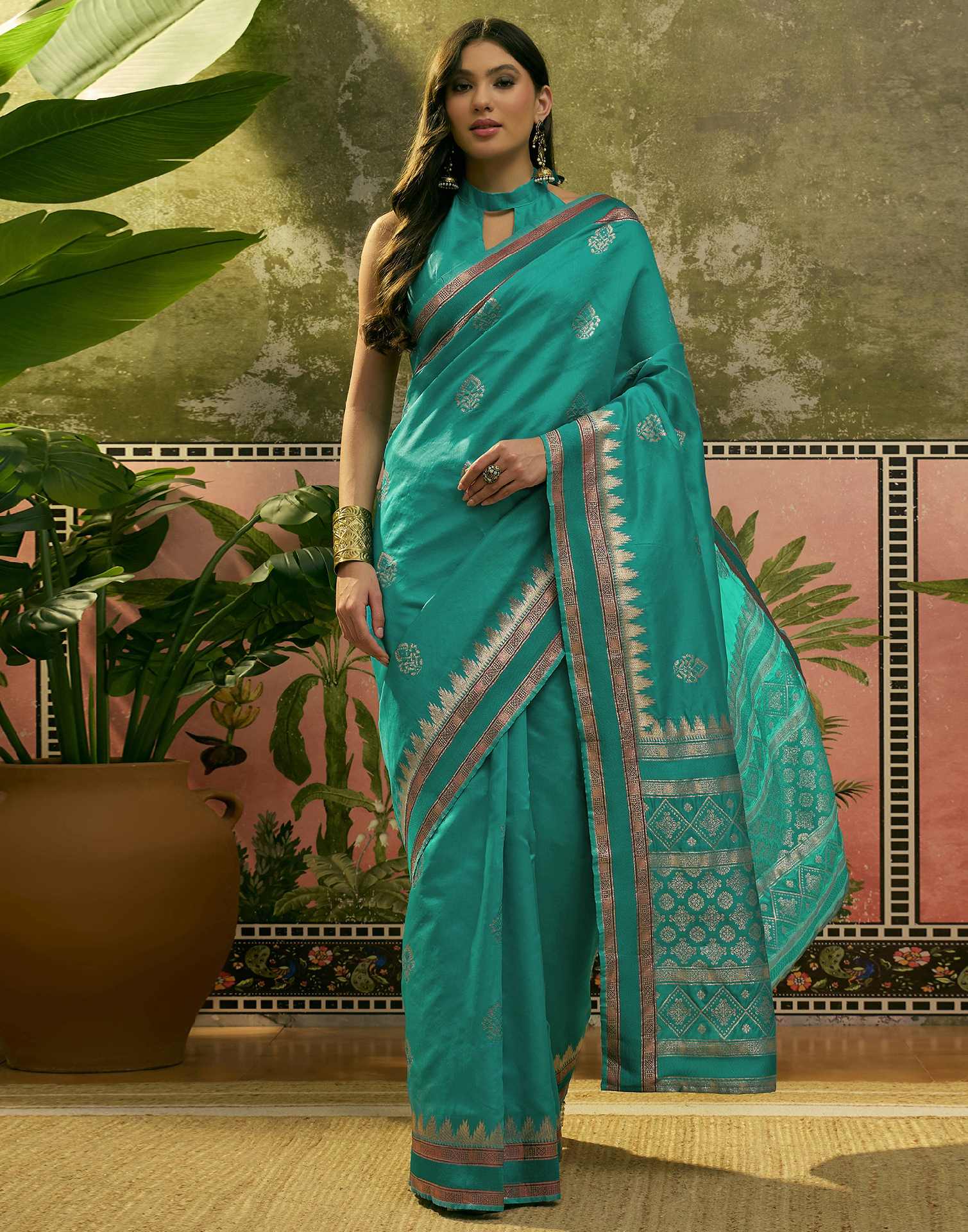 Teal Green Silk Woven Saree