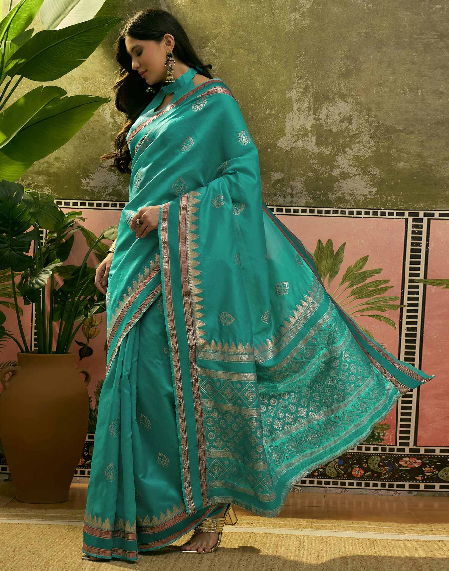 Teal Green Silk Woven Saree