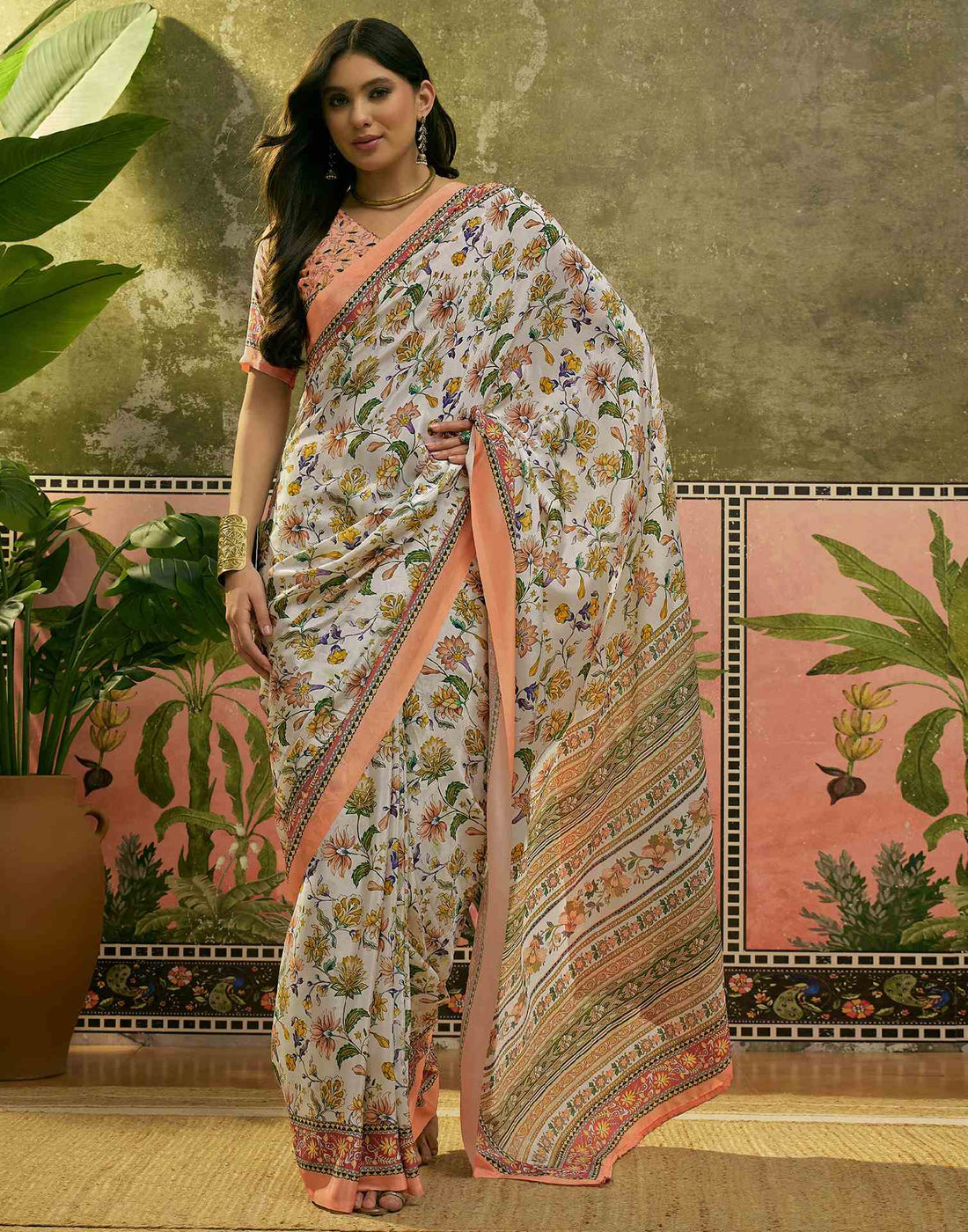 Beige Crepe Silk Floral Printed Saree