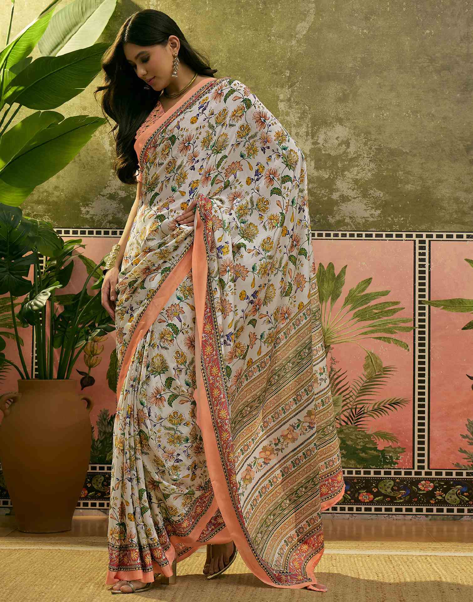 Beige Crepe Silk Floral Printed Saree