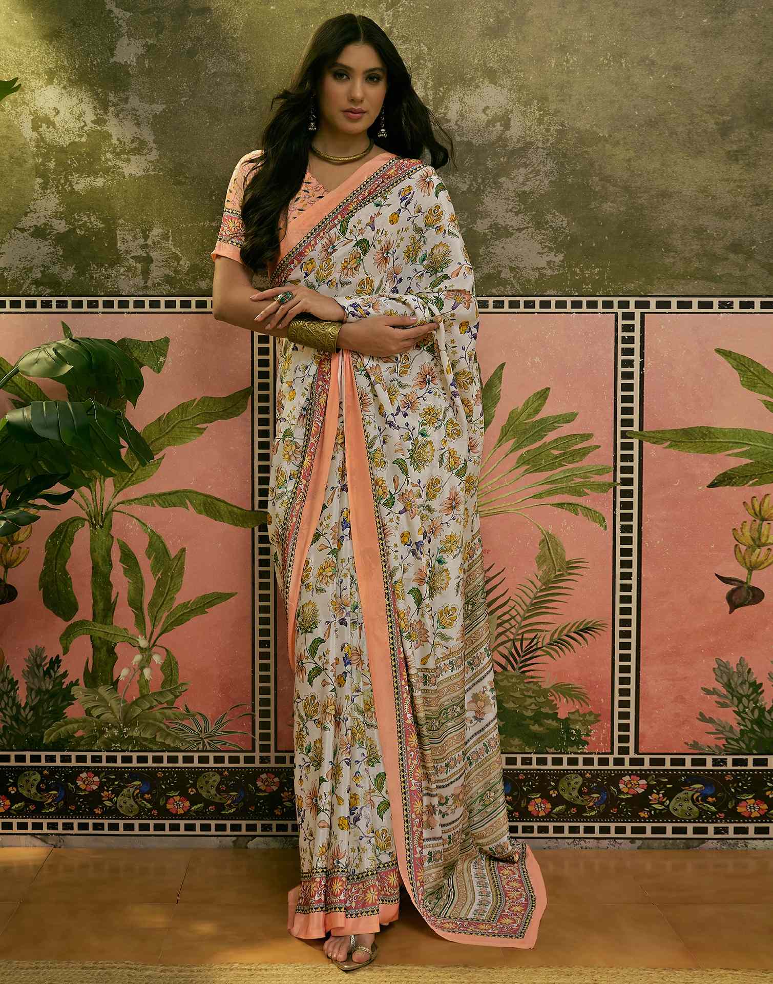 Beige Crepe Silk Floral Printed Saree