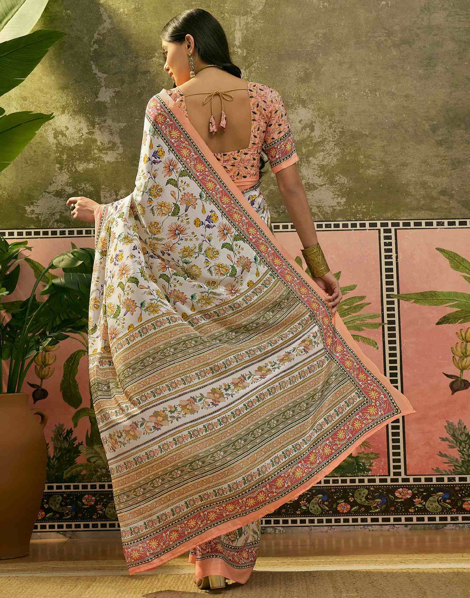 Beige Crepe Silk Floral Printed Saree