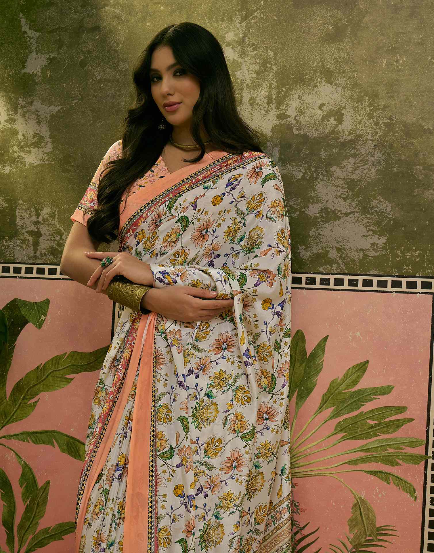 Beige Crepe Silk Floral Printed Saree