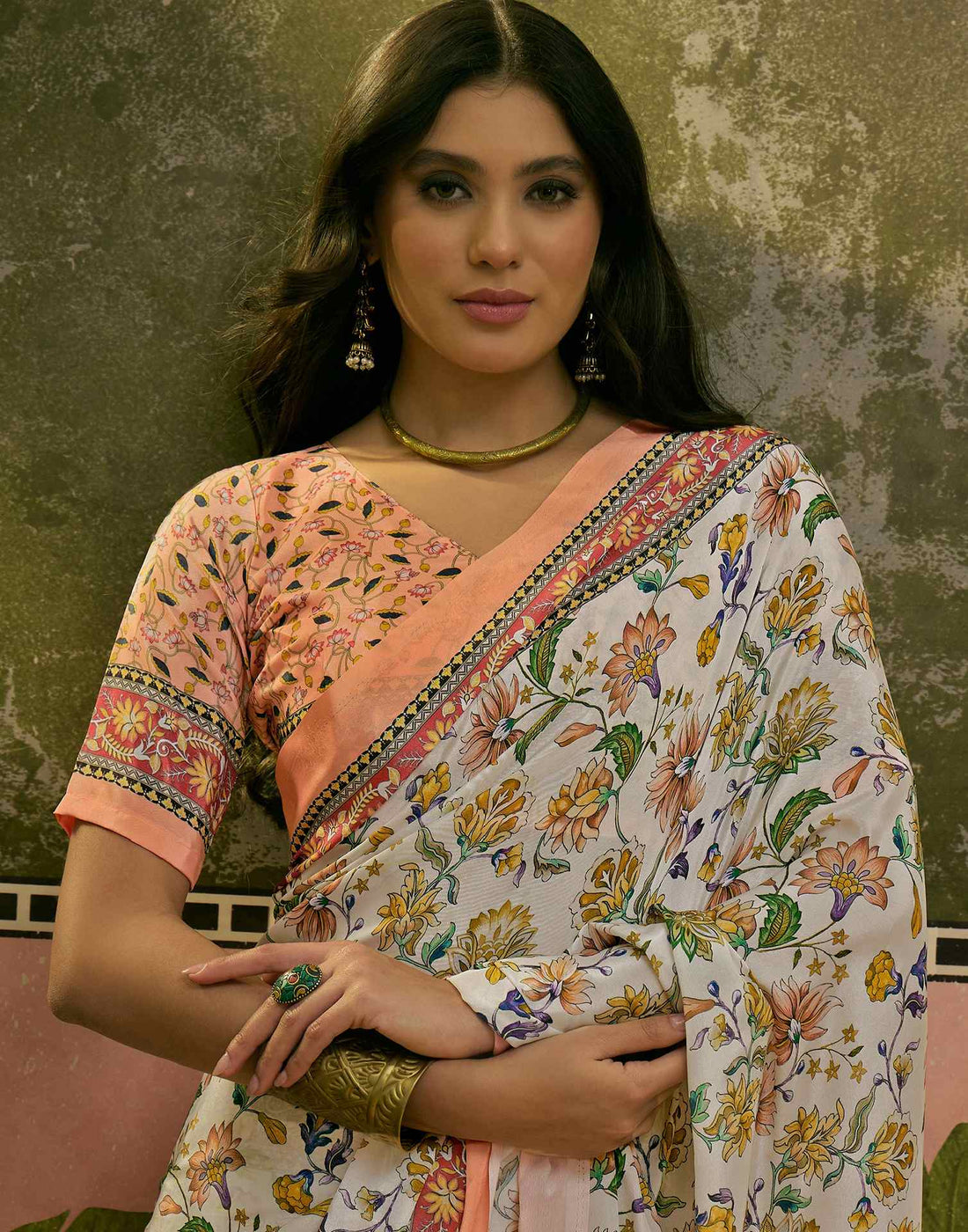 Beige Crepe Silk Floral Printed Saree