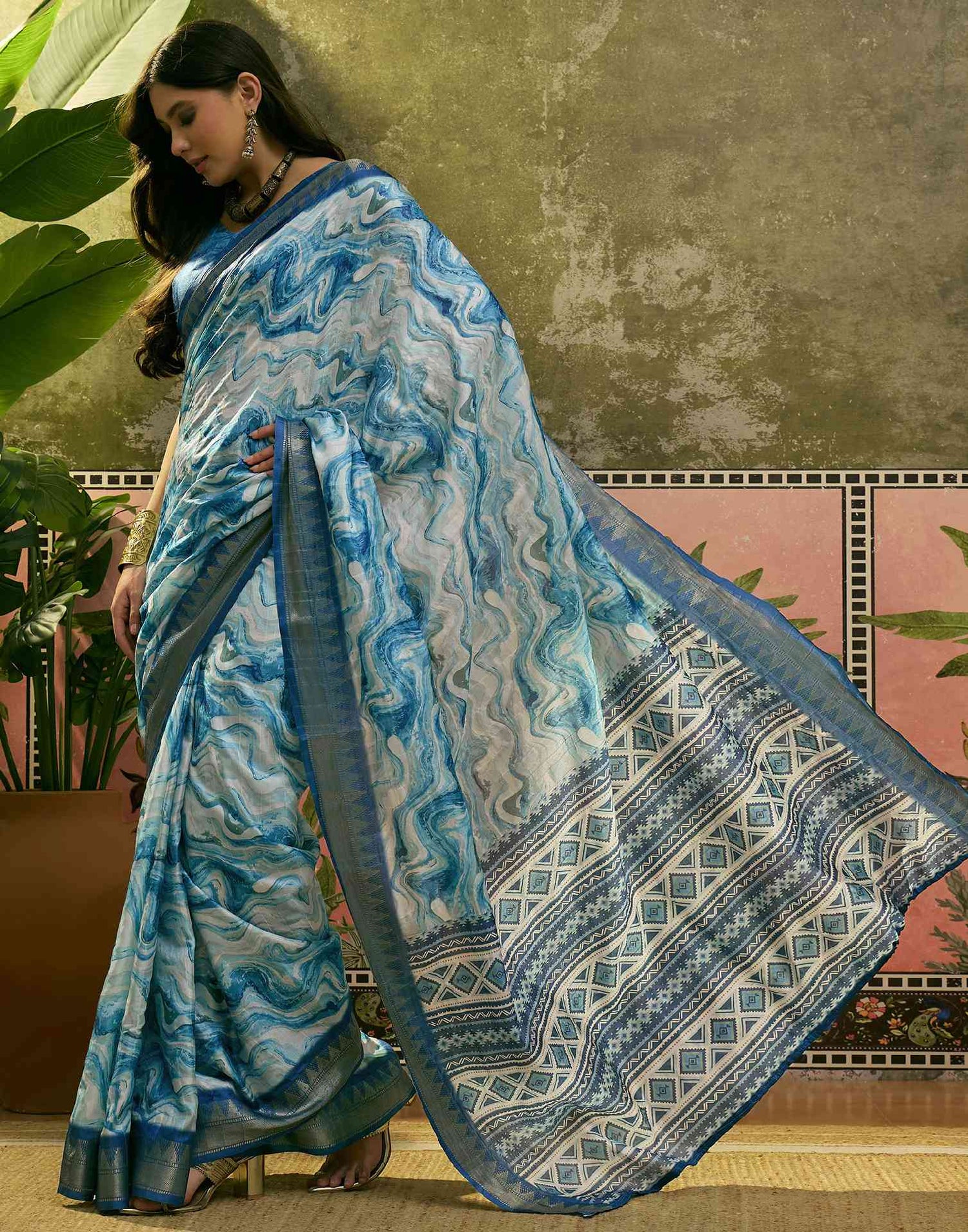 Sky Blue Silk Woven Printed Saree
