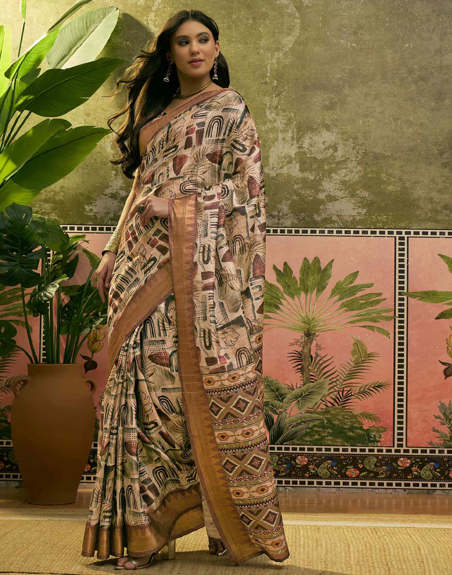 Beige Silk Woven Printed Saree