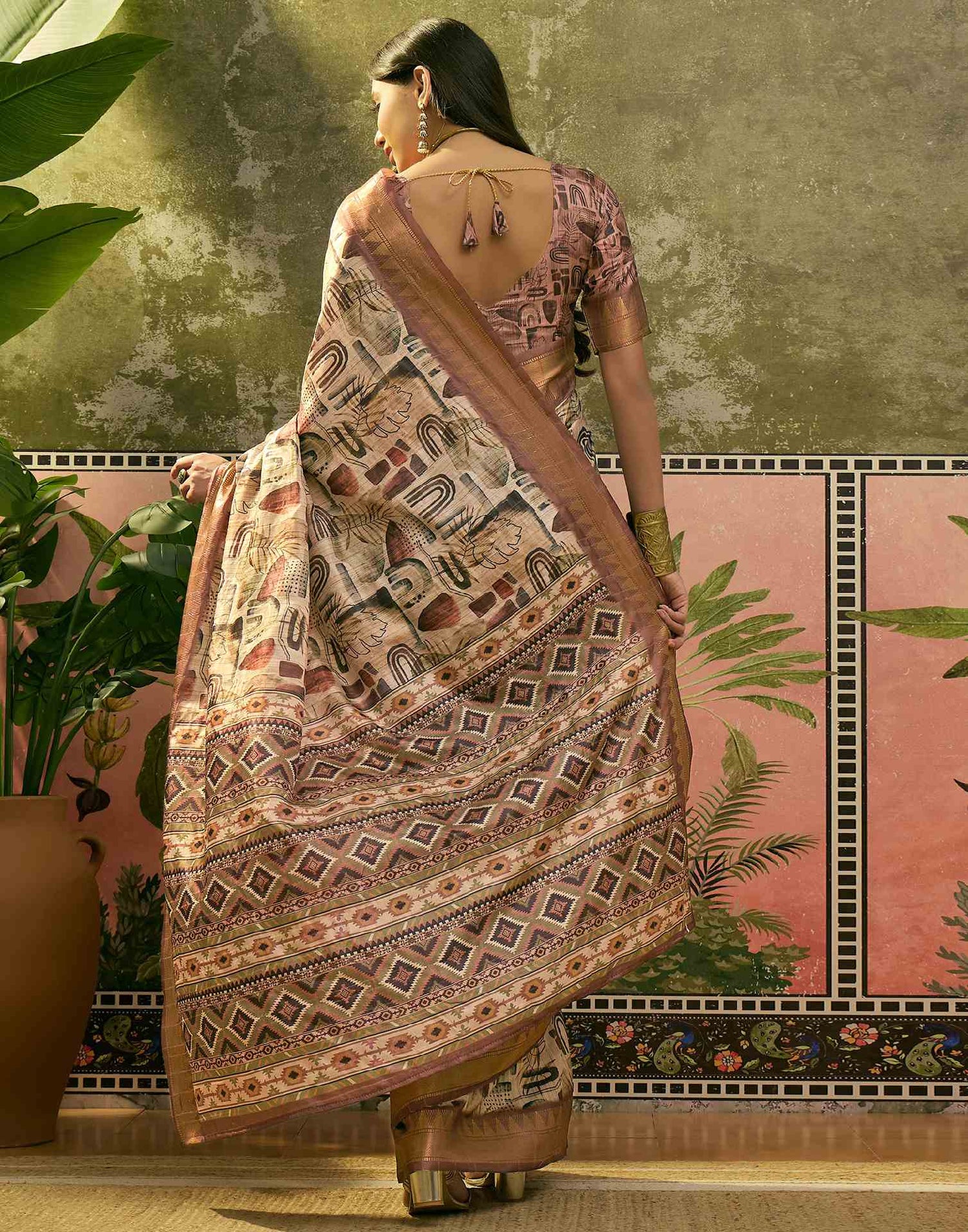 Beige Silk Woven Printed Saree