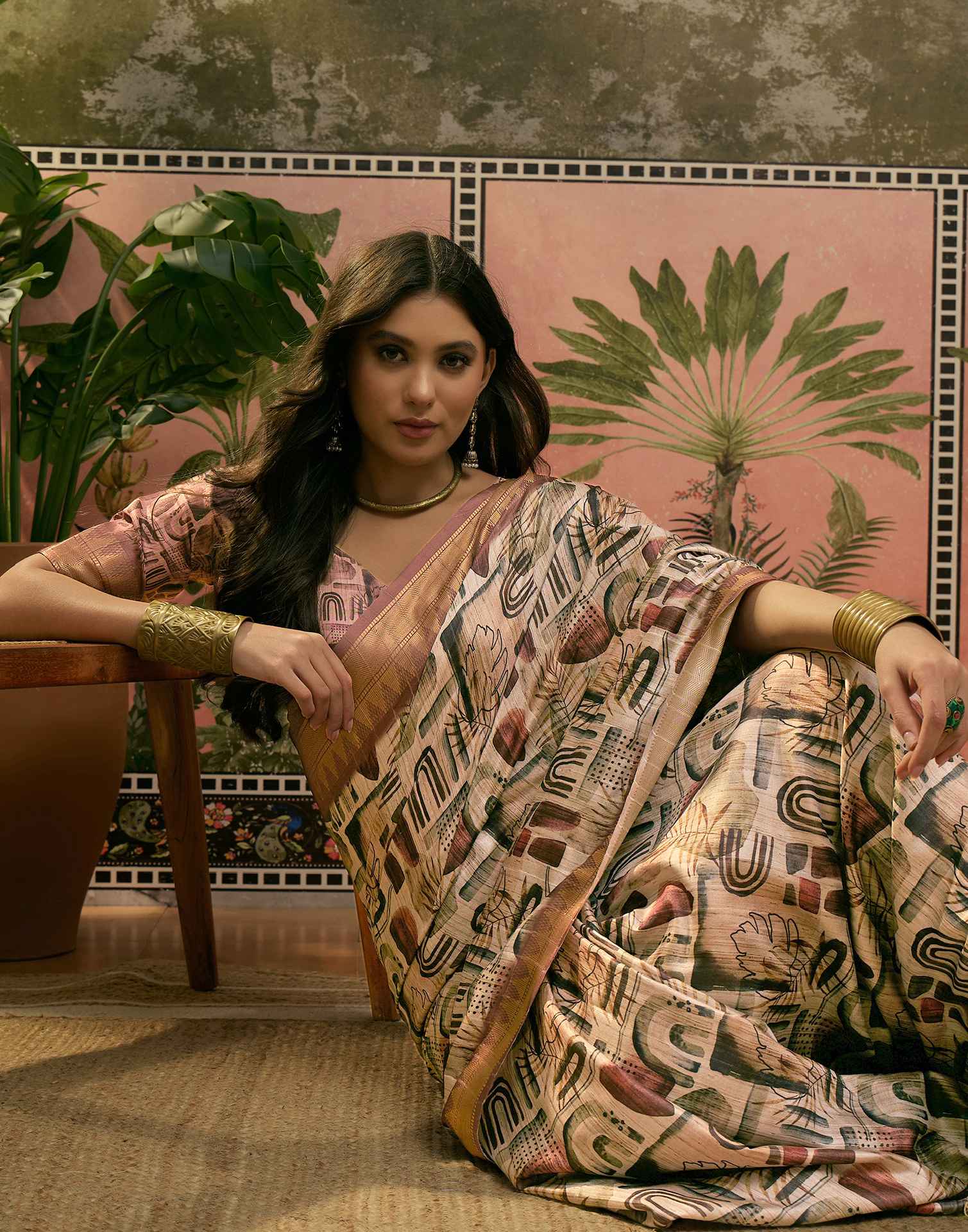 Beige Silk Woven Printed Saree
