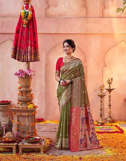 Olive Green Silk Woven Paithani Saree