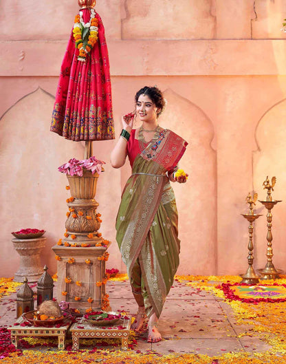 Olive Green Silk Woven Paithani Saree
