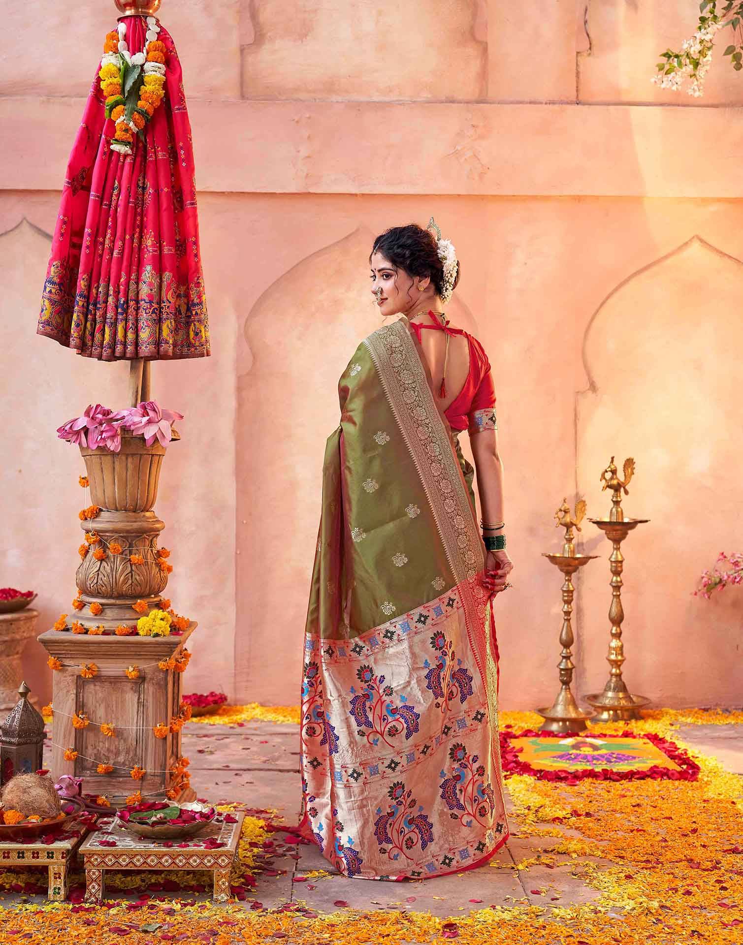 Olive Green Silk Woven Paithani Saree