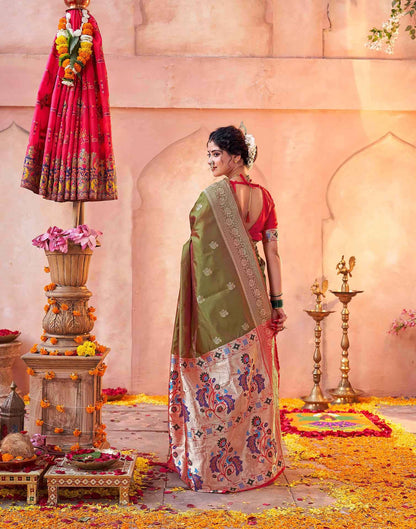 Olive Green Silk Woven Paithani Saree