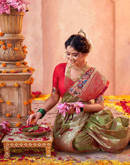 Olive Green Silk Woven Paithani Saree