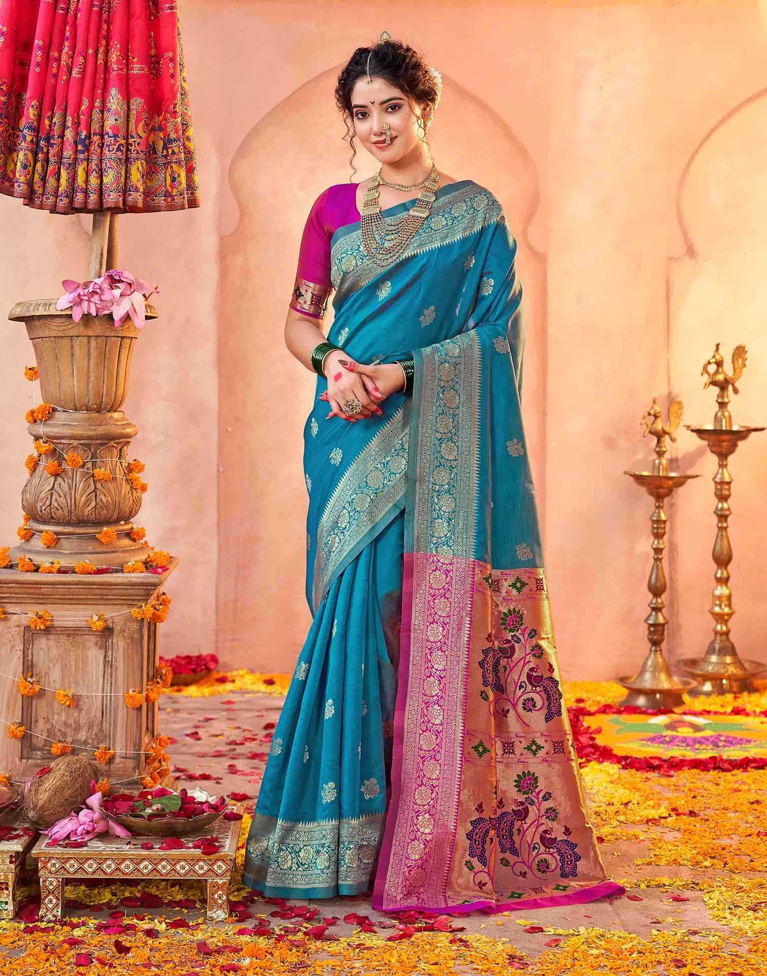 Teal Blue Silk Woven Paithani Saree
