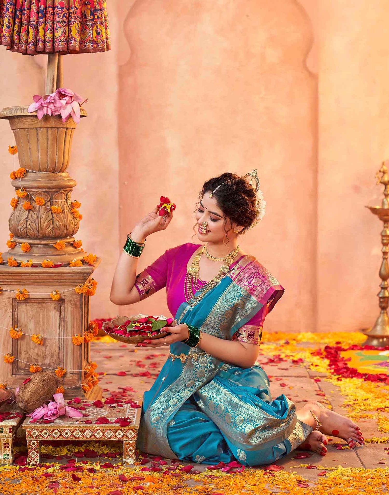 Teal Blue Silk Woven Paithani Saree