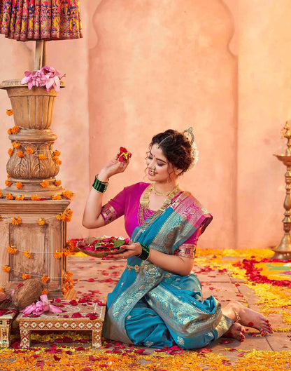 Teal Blue Silk Woven Paithani Saree