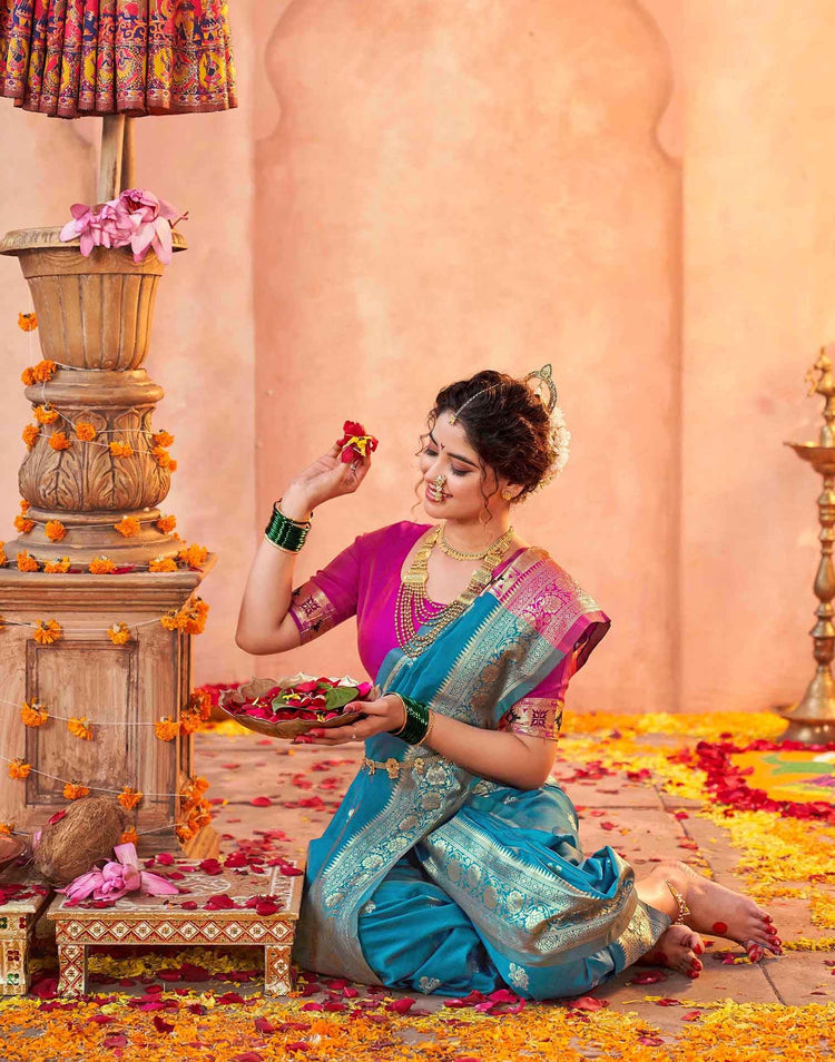 Teal Blue Silk Woven Paithani Saree