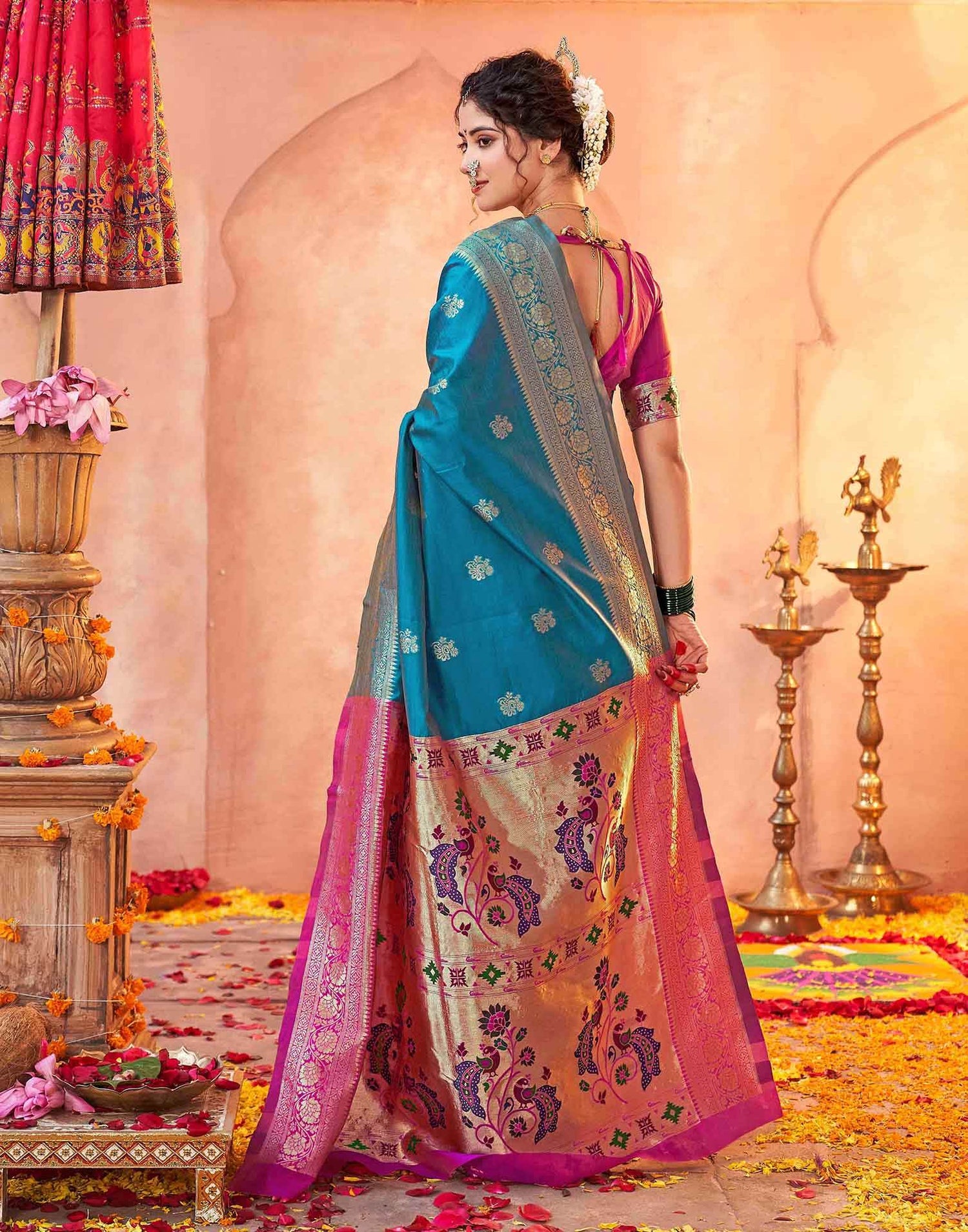 Teal Blue Silk Woven Paithani Saree