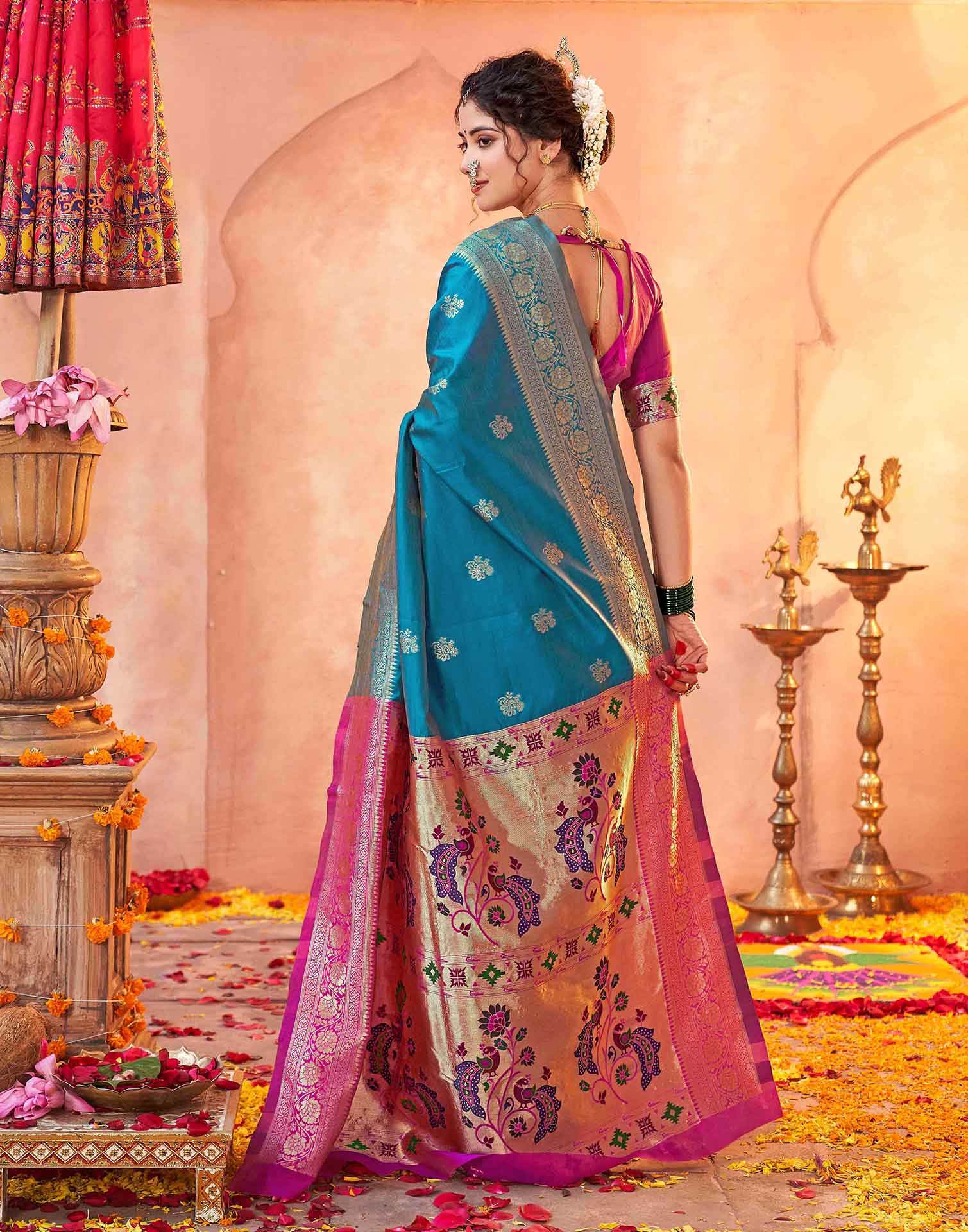 Teal Blue Silk Woven Paithani Saree
