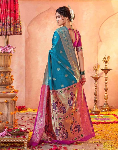 Teal Blue Silk Woven Paithani Saree