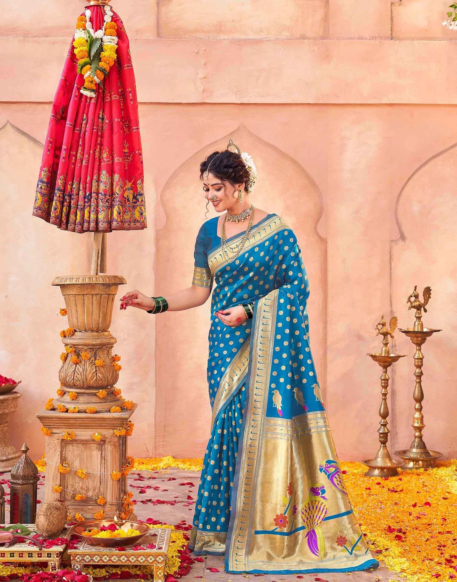 Teal Blue Silk Woven Paithani Saree