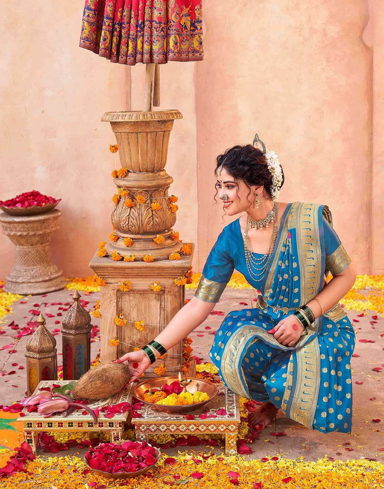 Teal Blue Silk Woven Paithani Saree