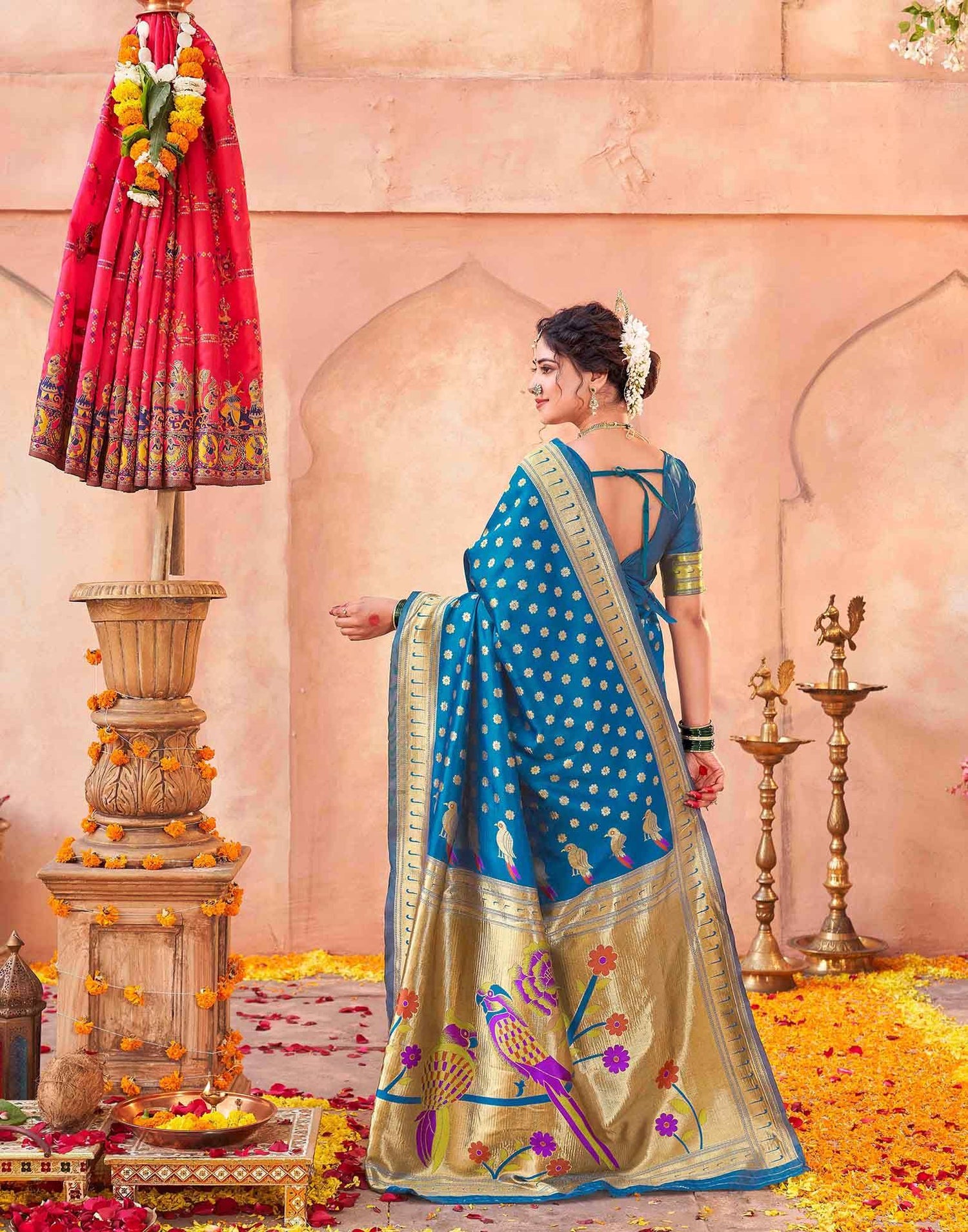 Teal Blue Silk Woven Paithani Saree