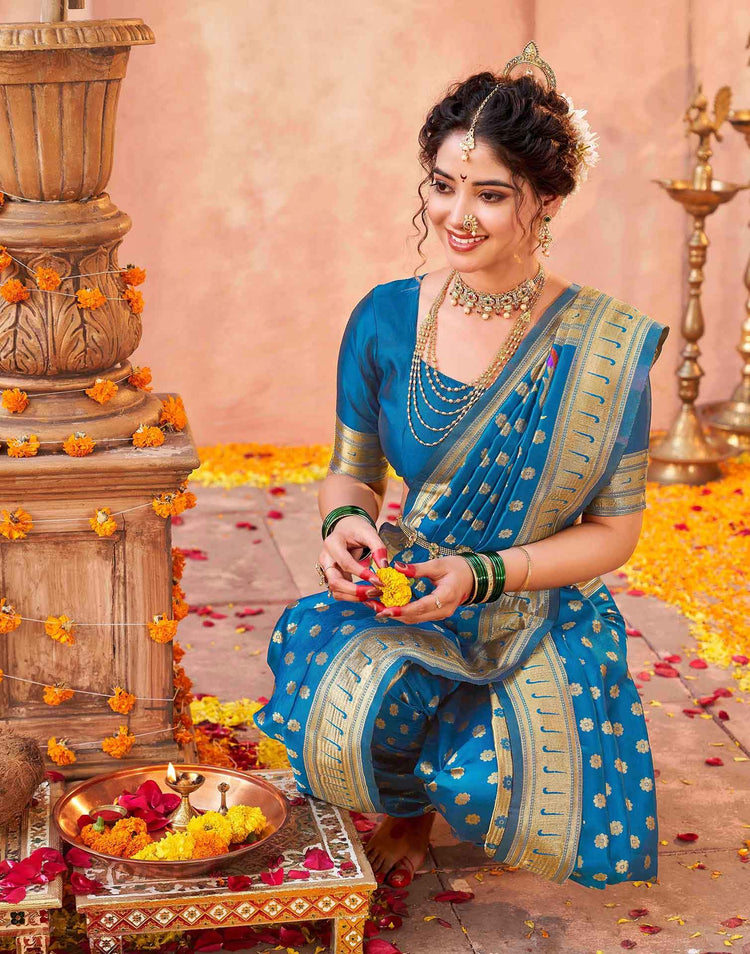 Teal Blue Silk Woven Paithani Saree