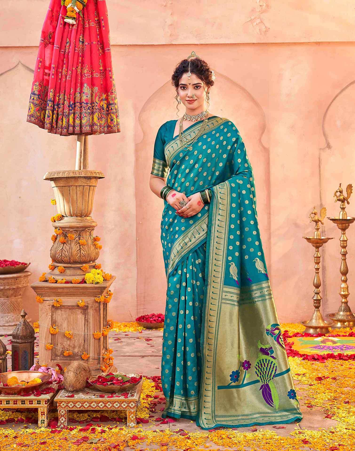 Teal Green Silk Woven Paithani Saree