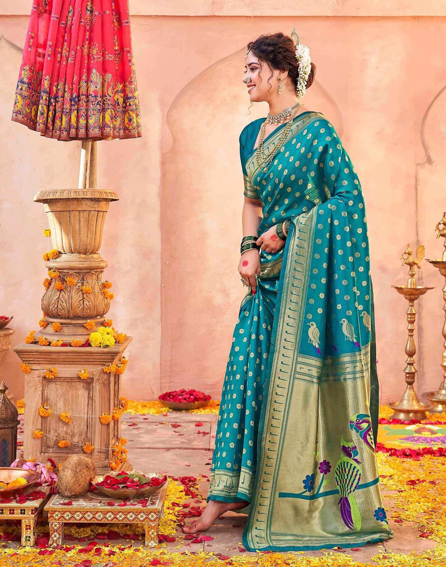 Teal Green Silk Woven Paithani Saree