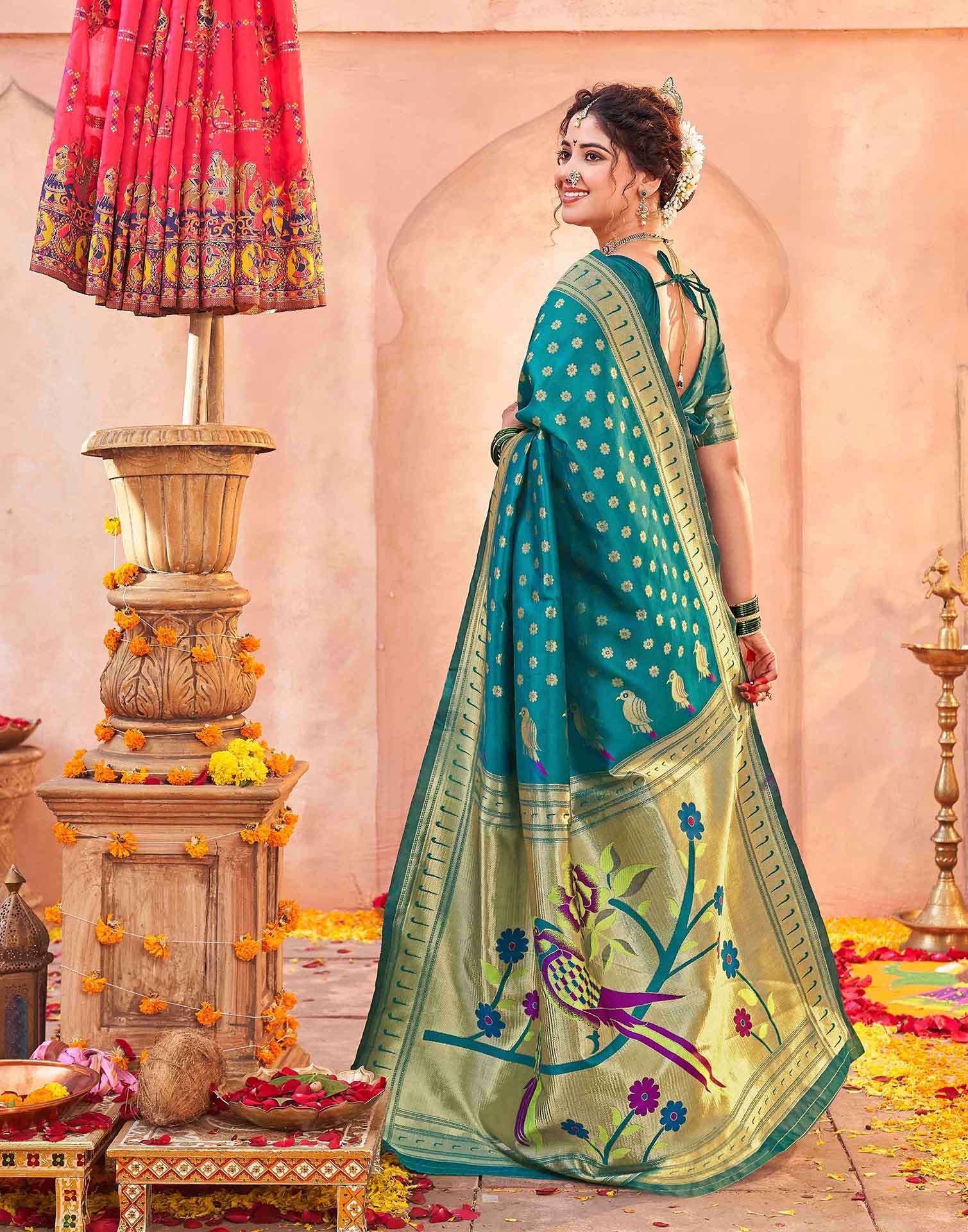 Teal Green Silk Woven Paithani Saree