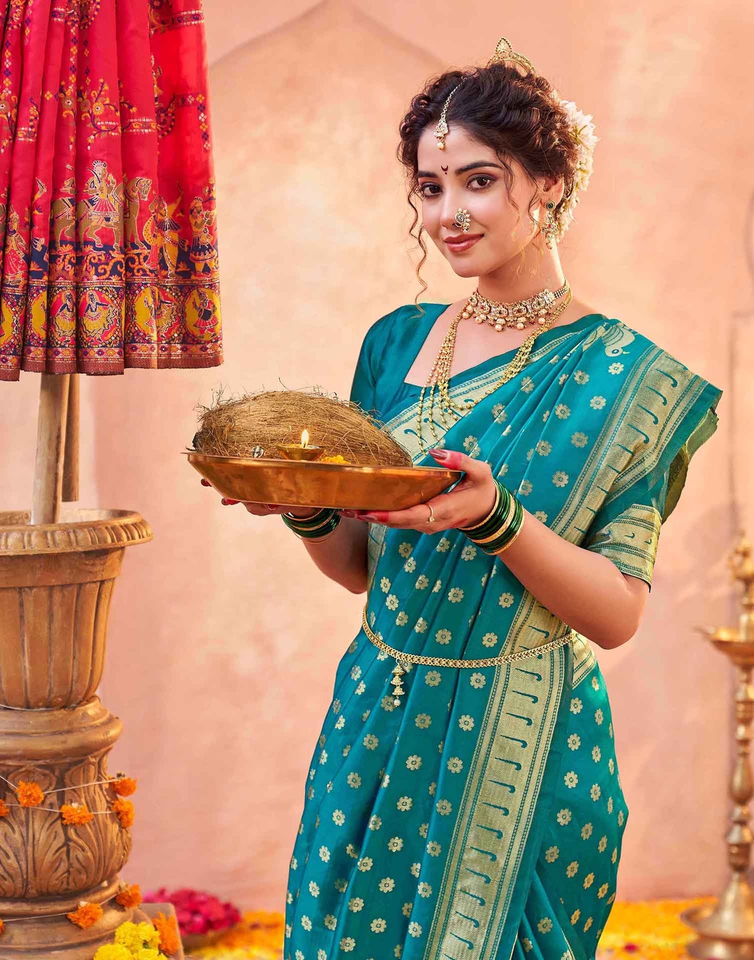 Teal Green Silk Woven Paithani Saree