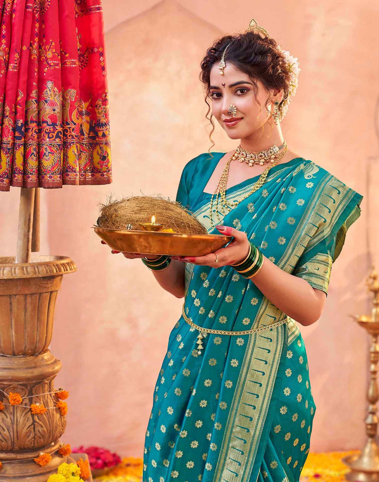 Teal Green Silk Woven Paithani Saree