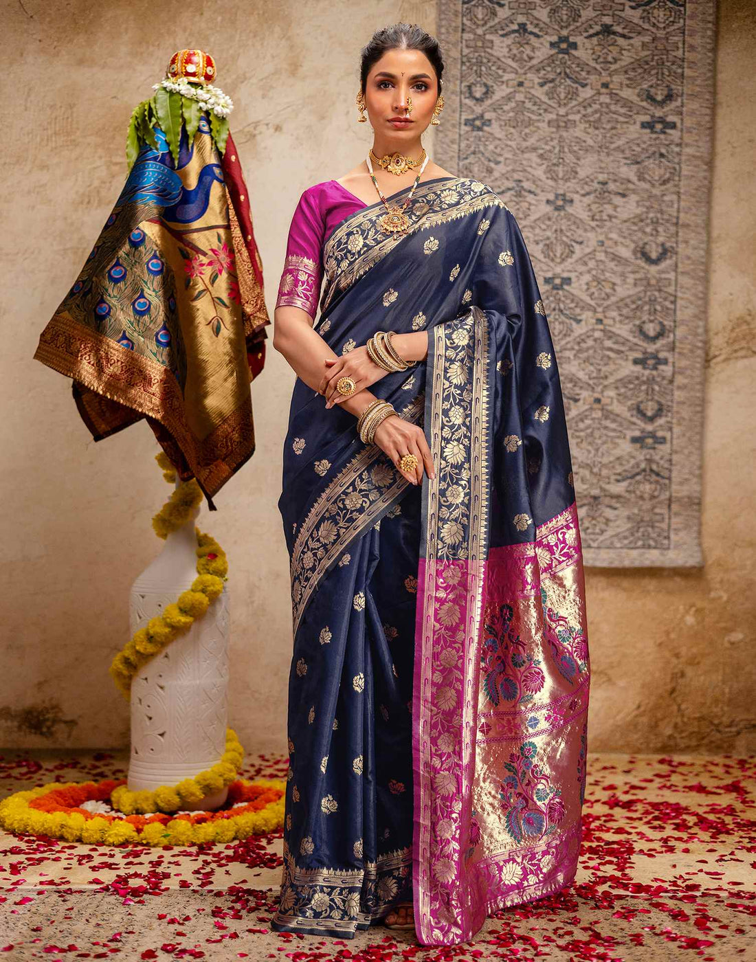 Navy Blue Silk Woven Paithani Saree