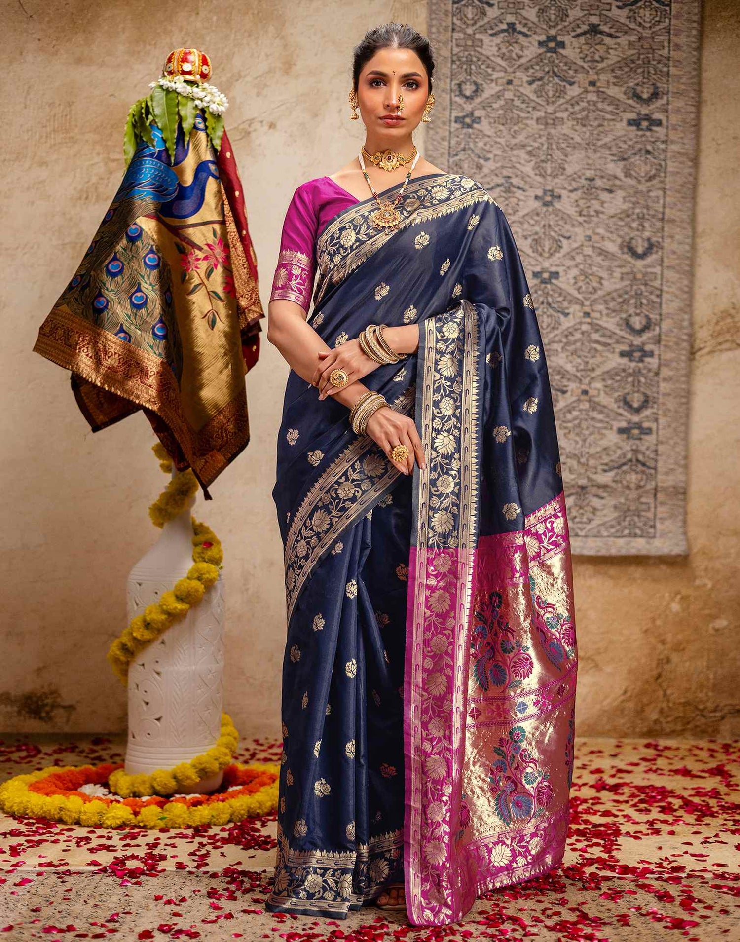 Navy Blue Silk Woven Paithani Saree
