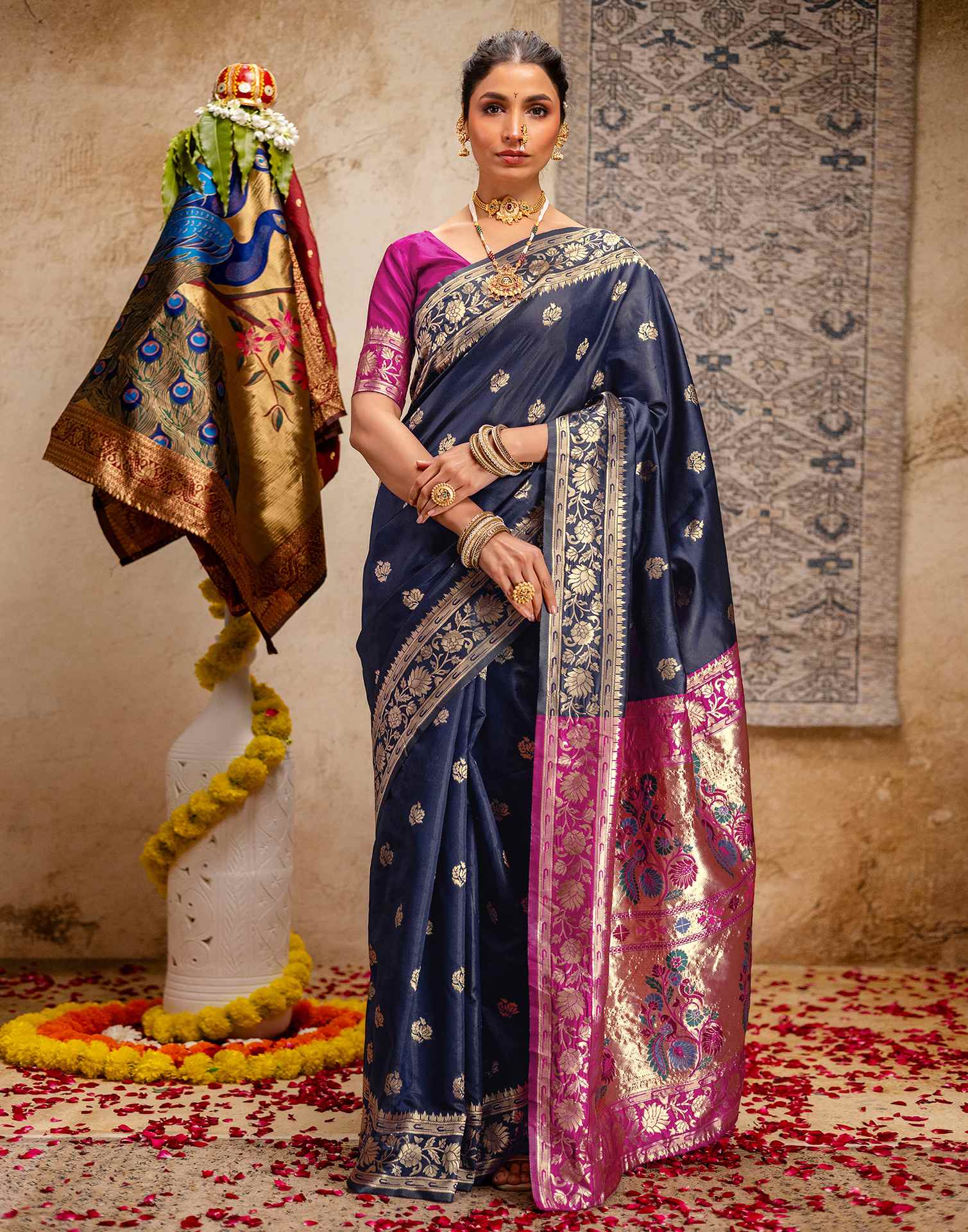 Navy Blue Silk Woven Paithani Saree
