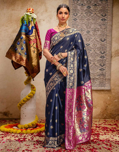 Navy Blue Silk Woven Paithani Saree