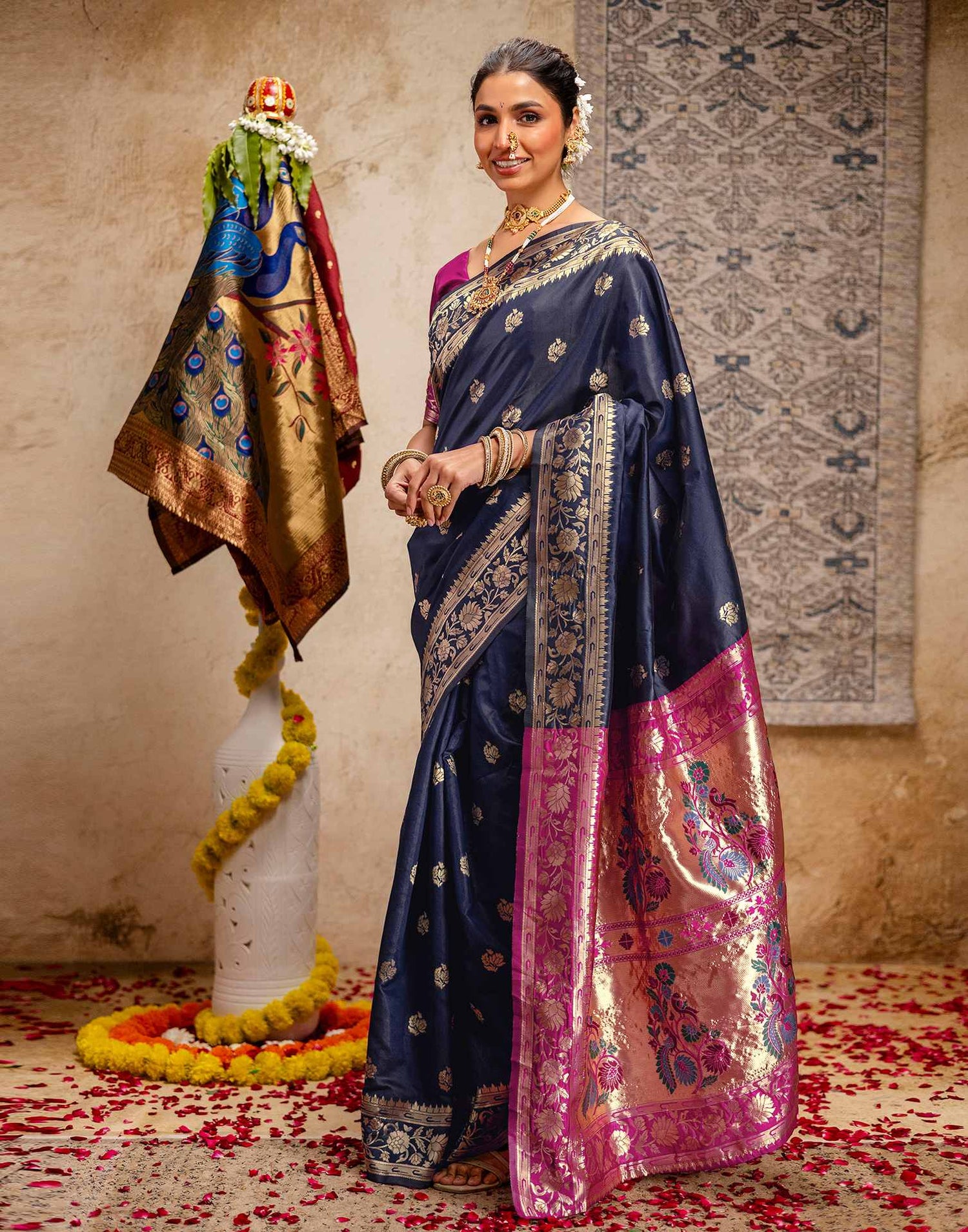 Navy Blue Silk Woven Paithani Saree