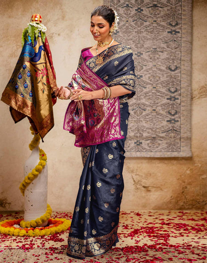 Navy Blue Silk Woven Paithani Saree