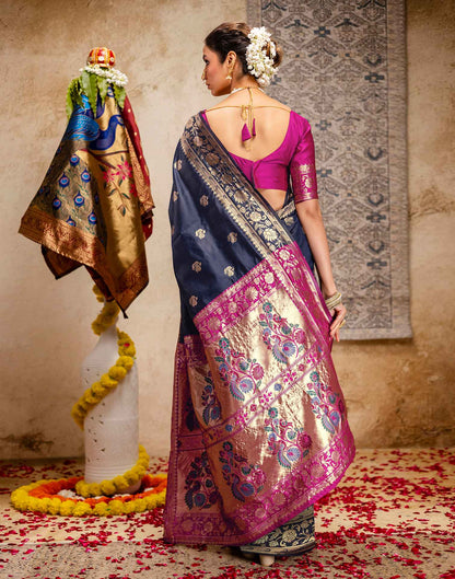 Navy Blue Silk Woven Paithani Saree